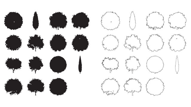 Set of black tree silhouettes and outline drawings on grey grid.