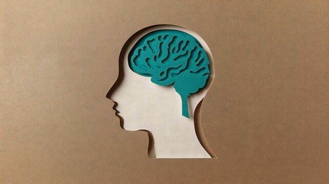 White paper cut head silhouette with a teal brain inside on brown background. Symbolizes men's mental health, cognitive wellness, brain function, and understanding psychological trauma.