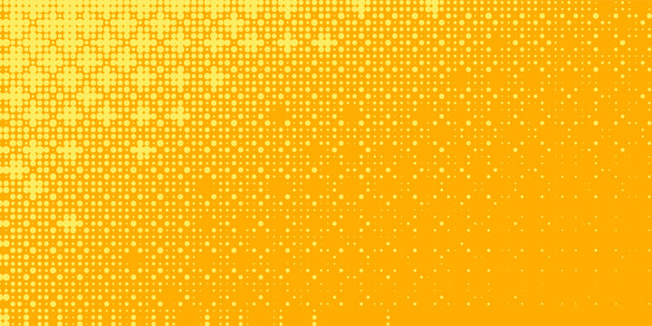 Yellow orange bitmap pixel texture. Dotted dither gradient pattern background. 8 bit halftone faded pop art gradation wallpaper. Vanishing raster video arcade game backdrop for banner, poster. Vector