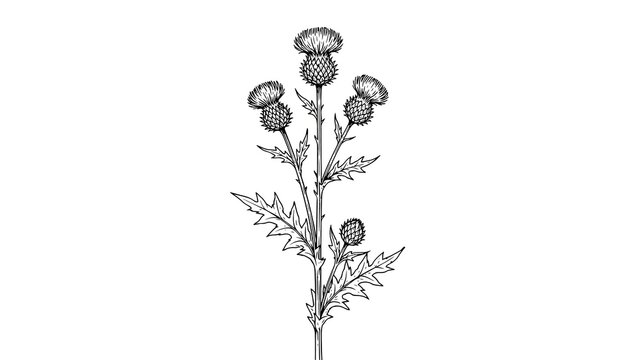 Intricate hand drawn black ink illustration of a wild scottish thistle flower on white background