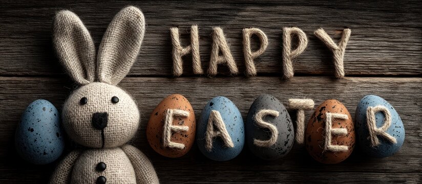 Easter image with a stuffed bunny, decorated eggs, and the words "Happy Easter" formed with twine