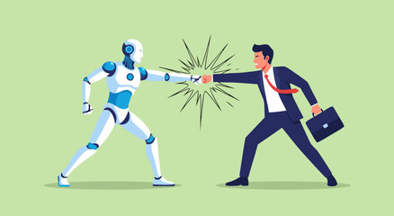 Obraz premium AI and human collaboration illustration, vector concept with a businessman fist bumping a robot