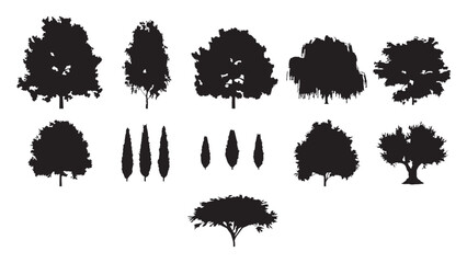 Assortment of diverse tree silhouettes and natural elements for graphic design. © Sara Studio