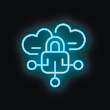 Blue neon icon representing a cloud computing security system with a padlock