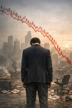 A man walking away from a city with a red trend line illustrating his financial or career status.