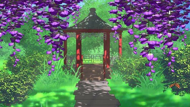 Blooming Wisteria in Japanese Garden