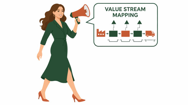 Businesswoman with megaphone and value stream mapping diagram.