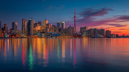 Obraz premium Panoramic view of the Toronto city skyline featuring the iconic CN Tower reflecting beautifully on the calm lake water surface