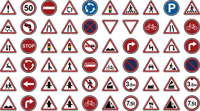 Collection of various international road signs and traffic symbols