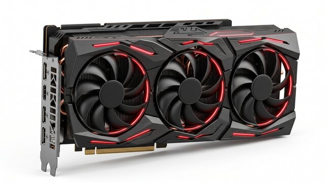 High performance graphics card with red led lights and triple fans for computer hardware