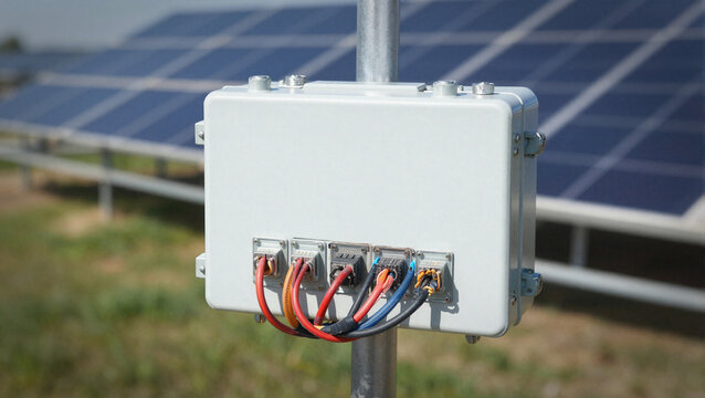 electrical junction box with connected wires at a solar panel farm installation