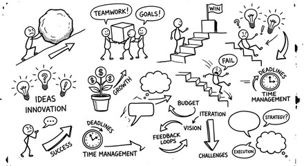 Hand drawn business concept doodles set with teamwork, innovation, growth, and time management elements © RubinaIslam