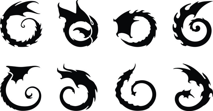 Dragon Swirl Silhouette Collection Fantasy Emblem Logo and Mythical Creature Vector Set