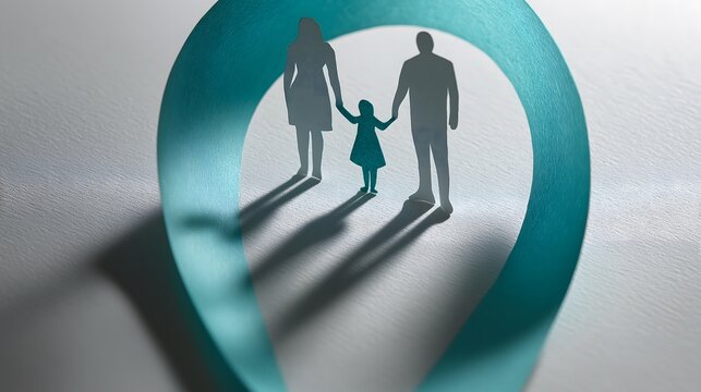 Paper cut silhouettes of a family standing inside a circle formed by a teal ribbon. Represents family support system, unity in healing PTSD, and protecting loved ones from trauma.