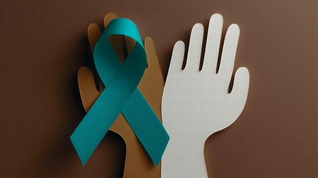 Two paper cut hands of different skin tones holding a teal ribbon together. Symbolizes diversity, inclusion, community support, and collective effort in PTSD awareness.