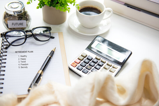 Retirement planning with saving jar, calculate and notebook for future financial security.  Financial Wellness for retirement Concept