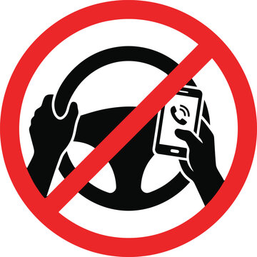 No cell phone use while driving sign, prohibition symbol with steering wheel and smartphone icon