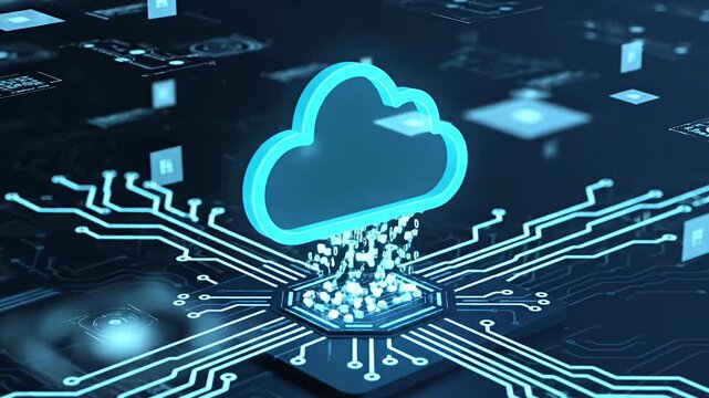 Isometric digital cloud icon on glowing circuit base.