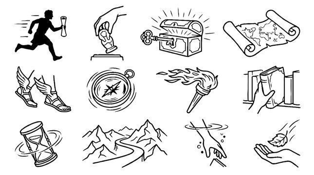 Collection of hand drawn adventure and quest icons including treasure chest map and compass.