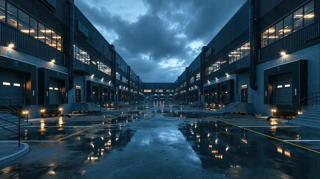 Symmetrical modern industrial logistics warehouse building with multiple loading bays on wet asphalt after rain at cloudy twilight warm lights glow through large windows