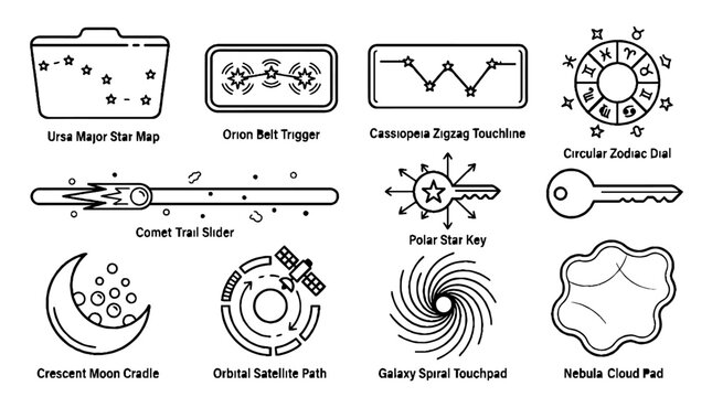 Collection of celestial and astronomical line icons featuring constellations zodiac signs and space elements.