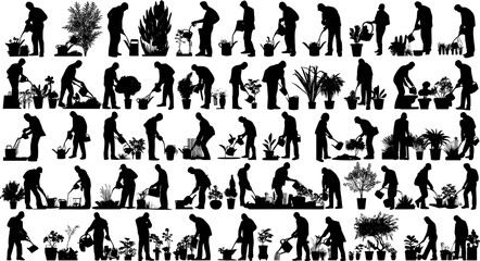 Gardening and Plant Care Silhouette Vector Icon Set with People Watering Potted Flowers, Farming Sprouts, Cultivating Backyards, and Caring for Agricultural Crop Graphic Designs © Abdul