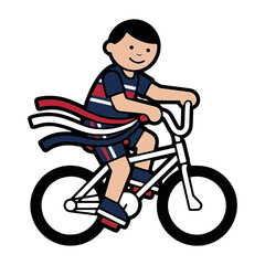 Naklejka premium Happy boy riding a bike with patriotic red, white, and blue streamers. Flat vector illustration isolated on white. Ideal for 4th of July, kids summer activities, and Independence Day designs
