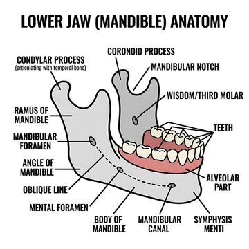Detailed anatomical diagram of human lower jaw mandible.