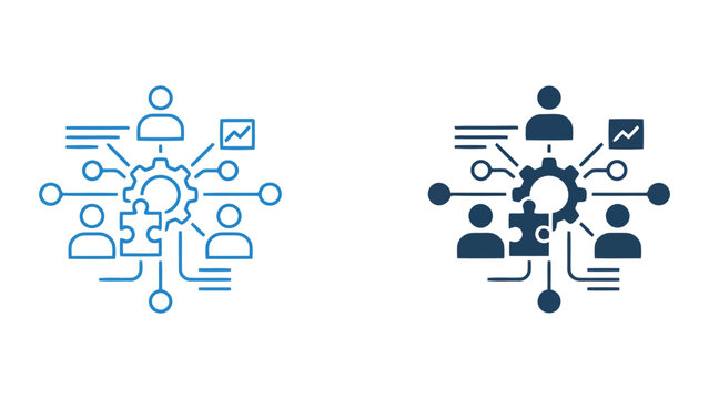 Integrated business team workflow icon featuring gear and puzzle piece for strategic planning and project management connectivity and organizational development in professional corporate settings