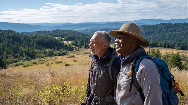 Two diverse senior male hikers enjoying a scenic view during their bright sunny outdoor mountain trekking adventure in the wilderness
