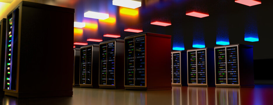 Enterprise Server Racks in Modern Data Center with LED Lighting, 3D Illustration