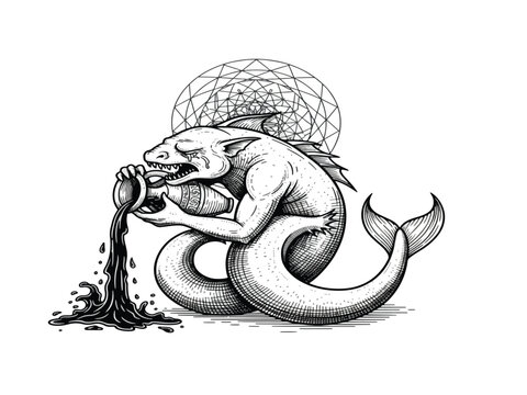 A muscular merman pours dark liquid from a jug, set against a geometric background.