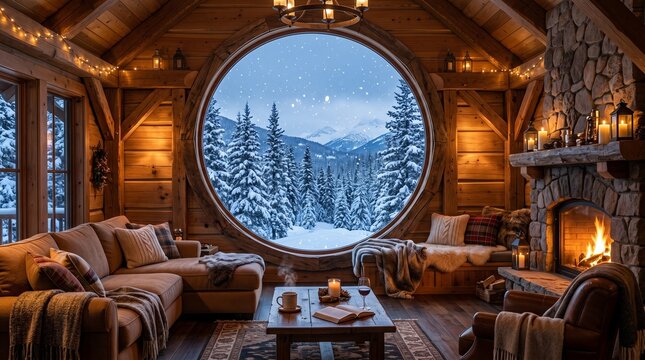 Warm wooden cabin interior with a round window overlooking a snowy mountain landscape.
Keywords (40):