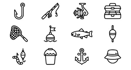 Fototapeta premium Fishing Equipment Line Icon Set with Fish Hook Rod Net Buoy and Tackle Box Editable Stroke Vector