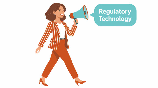 Woman with megaphone promoting regulatory technology.