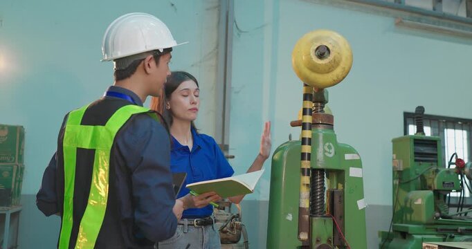 Engineer Demonstrates Product Testing Machine to Startup Entrepreneur in Small Lab Workshop