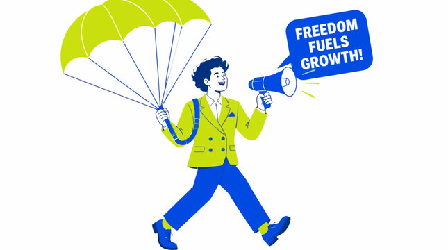 Cartoon character with parachute and megaphone celebrating freedom.