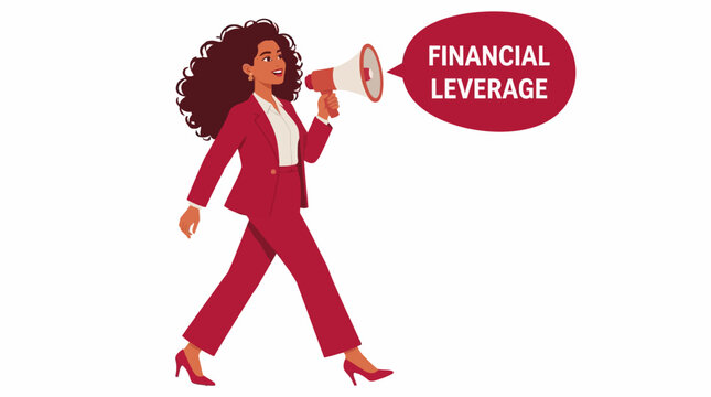 Confident businesswoman holding financial leverage megaphone.