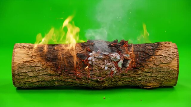 Burning Wooden Log with Smoke and Sparks on Green Screen Loop
