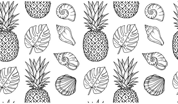 Seamless Black and White Tropical Pattern with Pineapples Seashells and Monstera Foliage Vector Illustration