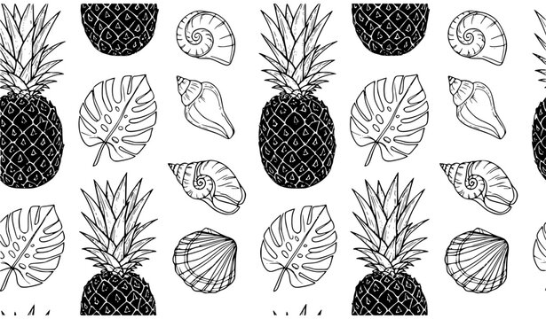 Monochrome Tropical Pattern with Pineapple Seashell and Monstera Leaves Black and White Vector Illustration