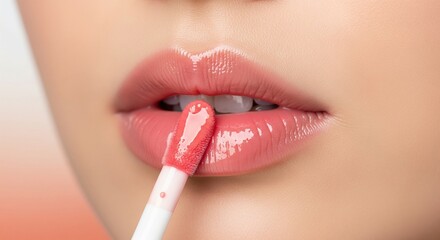 Naklejka premium Macro close-up focus on full female lips being perfectly painted with a glossy pink lip gloss applicator