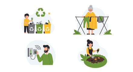Fototapeta premium Four illustrations of eco-friendly lifestyle choices and smart home technology.