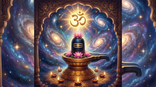 Golden glowing shiva lingam with om symbol in cosmic space background for nag panchami representing divine energy sacred power and hindu cosmic