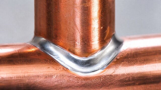 brazed. Close-up detail of brazed copper pipe joint with smooth gleaming solder fillet. event key visuals, club posters, designed for sports event promotions and stadium branding, supports training.