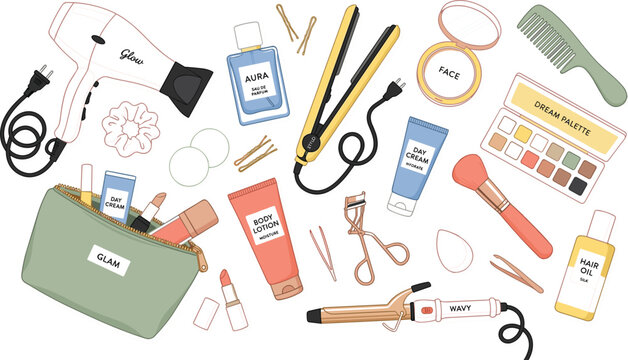 Flat lay illustration of beauty and makeup accessories, including hair styling tools, skincare products, cosmetics, and a toiletry bag.