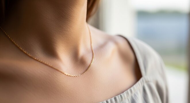 Close-up view from the side of a thin elegant gold necklace on a woman's neck and collarbone