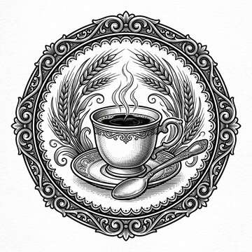 Vintage Ornate Circular Coffee Cup Engraving Illustration, Antique Emblem with Steaming Hot Drink, Spoon and Wheat Ears