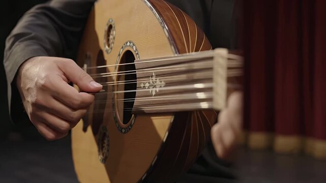 Macro Detail of Traditional Oud Instrument Strings with Mechanical Plucking