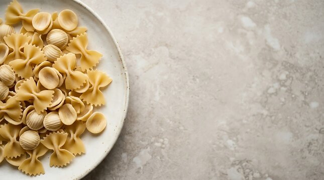 Dry farfalle and orecchiette pasta on a plate over stone background